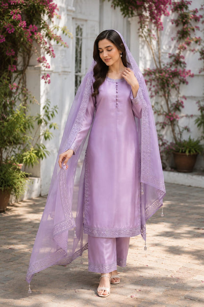 Lavender Sheesha Silk Embroidered 3-Piece Party Wear Suit