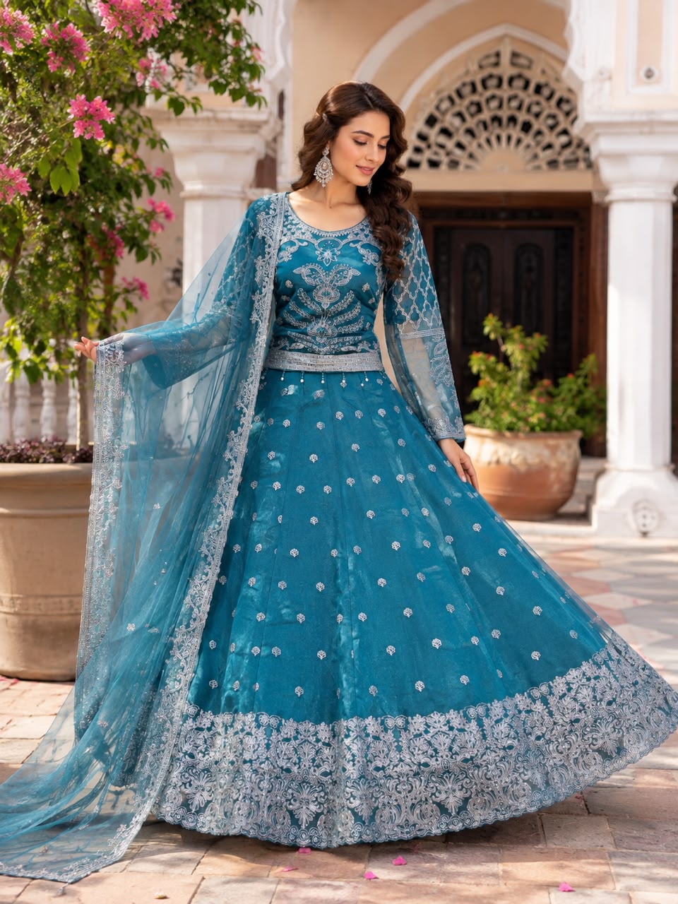 Embroidered Net Lehenga Choli | 3 Piece Set