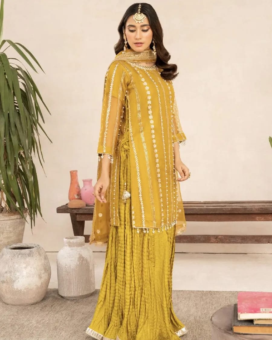 Mehndi Majestic 3-Piece Organza Sharara Set – Festive Wear