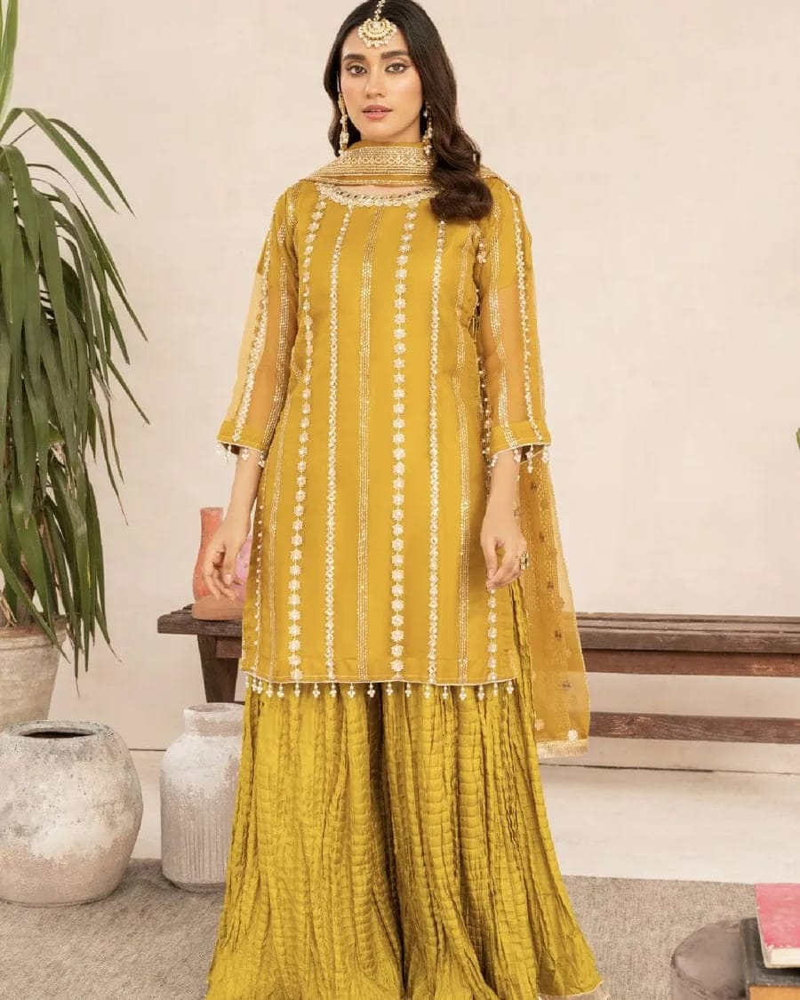 Mehndi Majestic 3-Piece Organza Sharara Set – Festive Wear