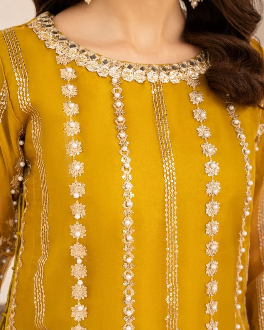 Mehndi Majestic 3-Piece Organza Sharara Set – Festive Wear