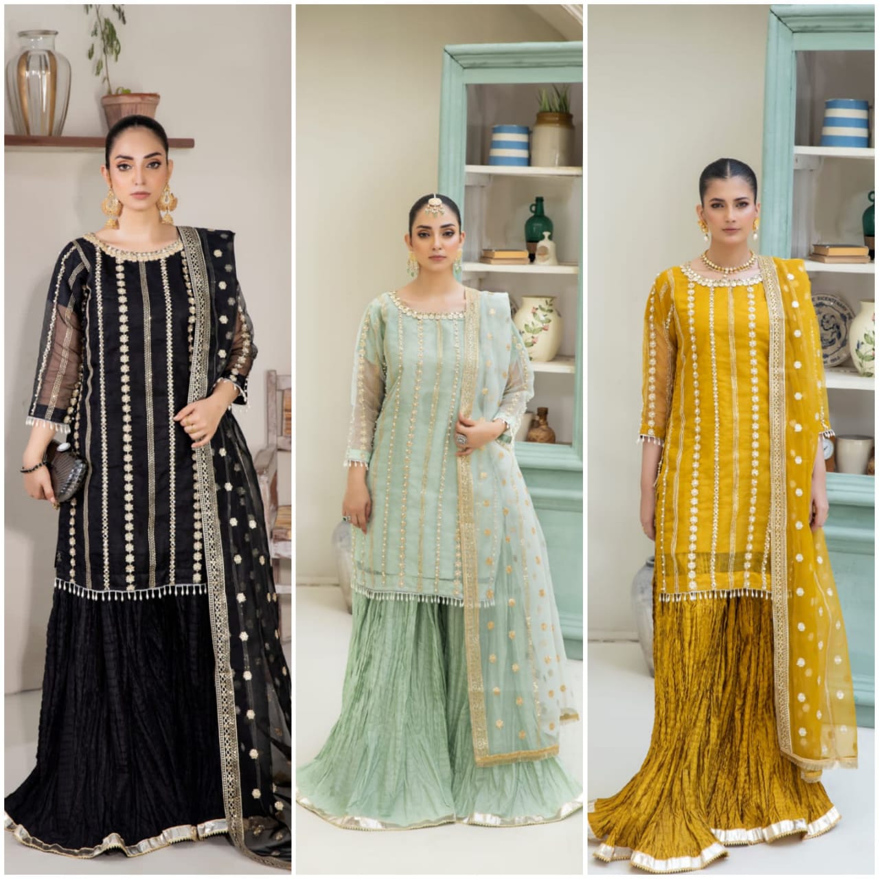 Black Pearl - 3pc Organza Sharara Set