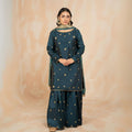 Dark Teal Zinc Festive Gharara – Intricate Adda Work (3-Piece Set)