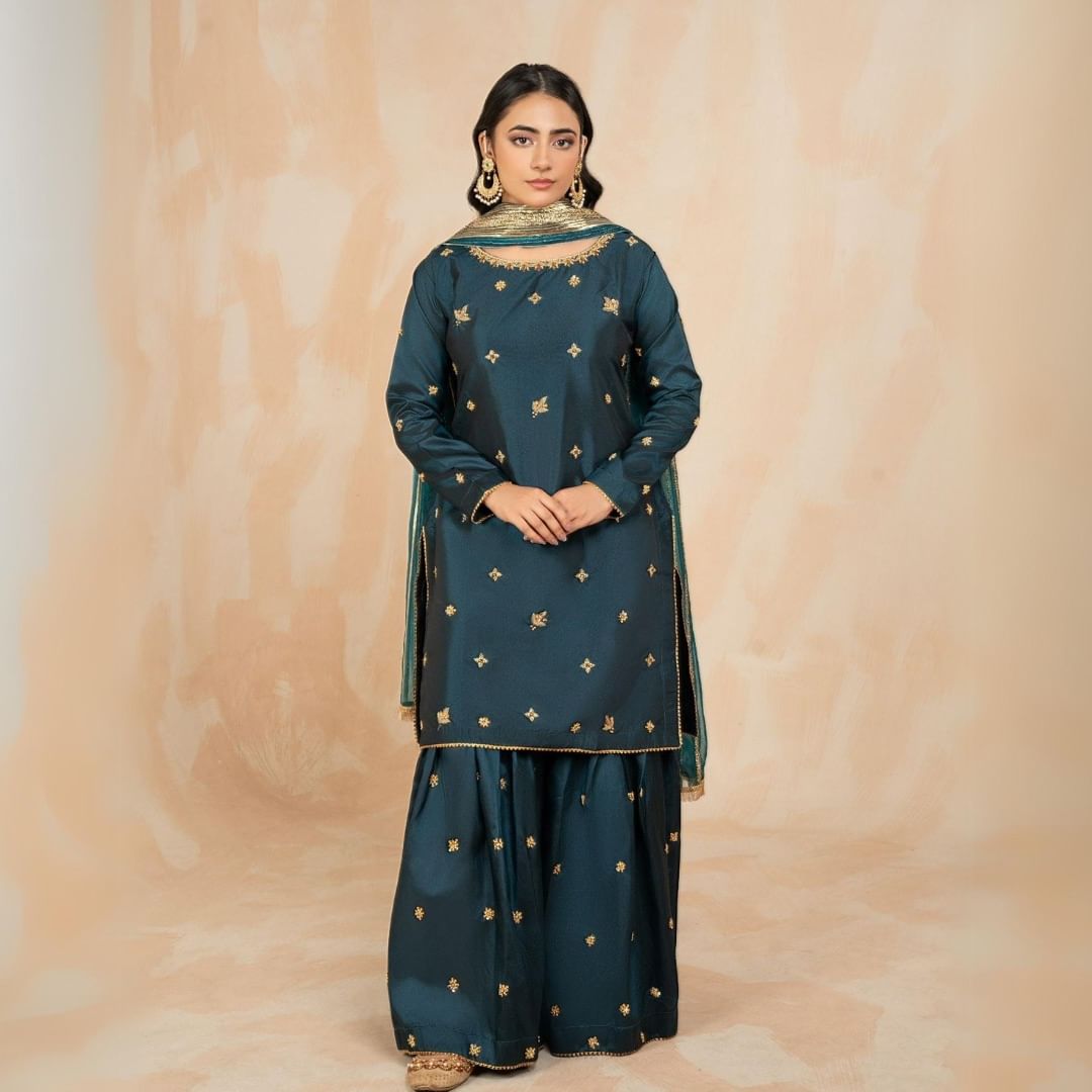 Dark Teal Zinc Festive Gharara – Intricate Adda Work (3-Piece Set)