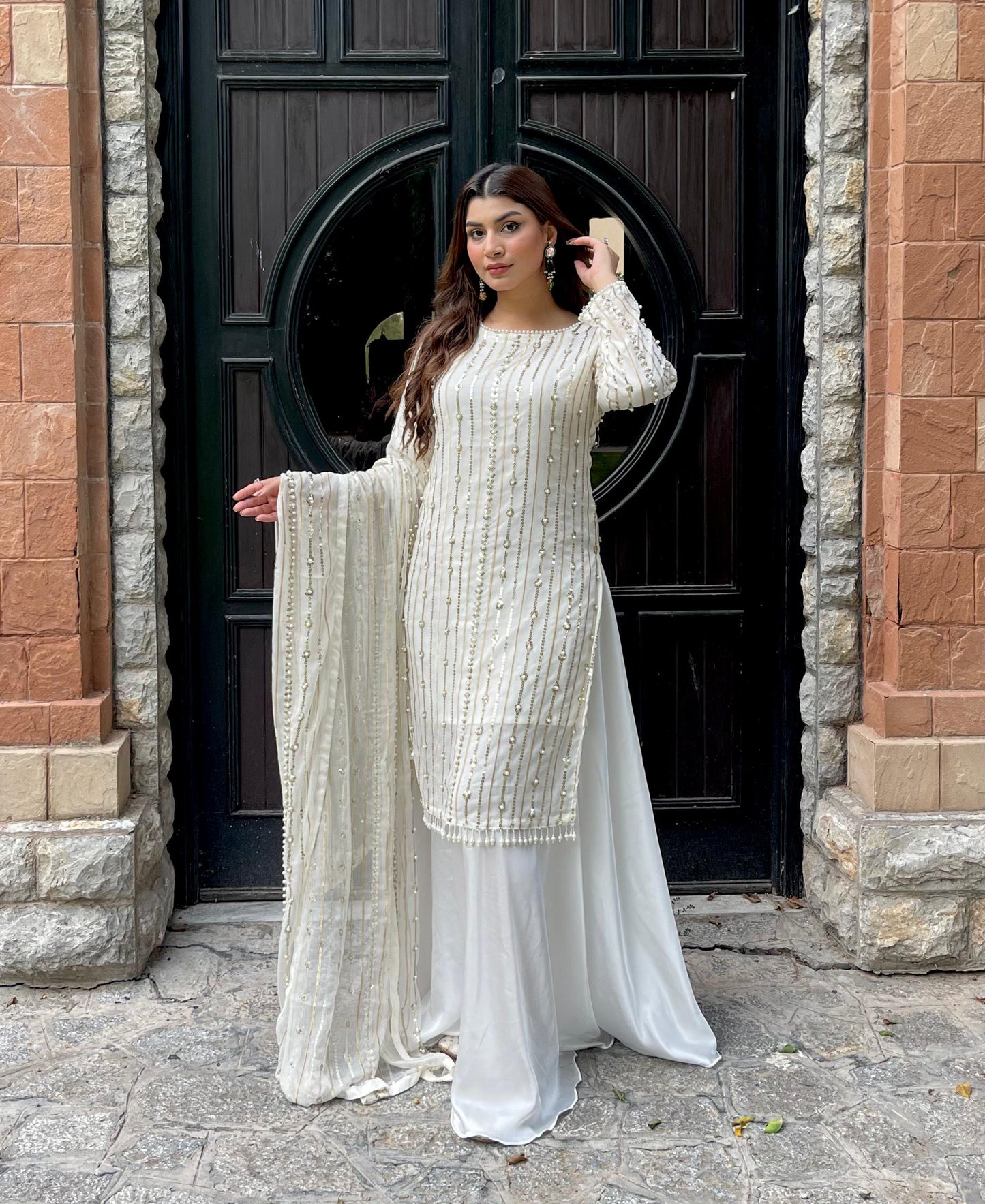 White Pearl - 3pc Chiffon  Plazo Set