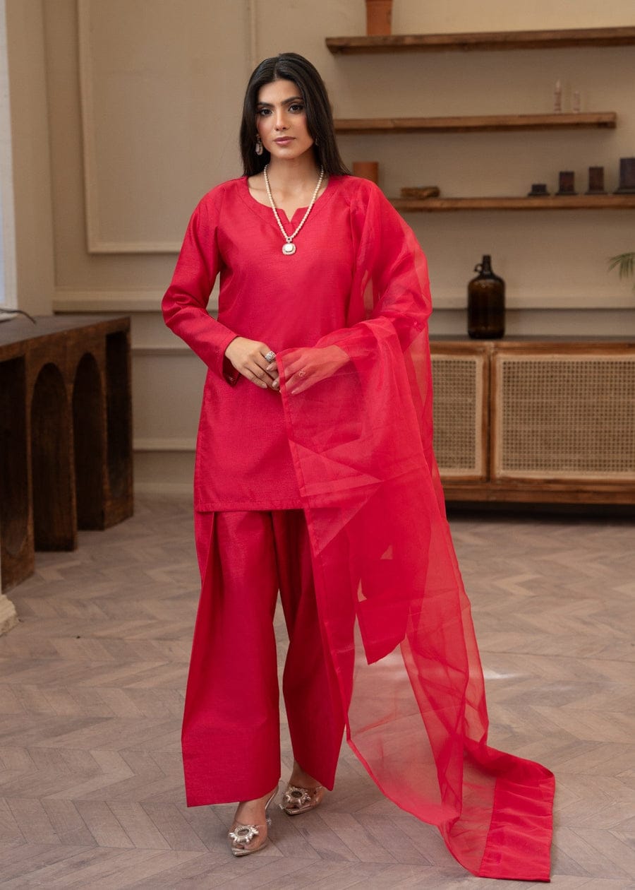 Raw Silk 3-Piece Kurta Set with Farshi Salwar & Organza Dupatta