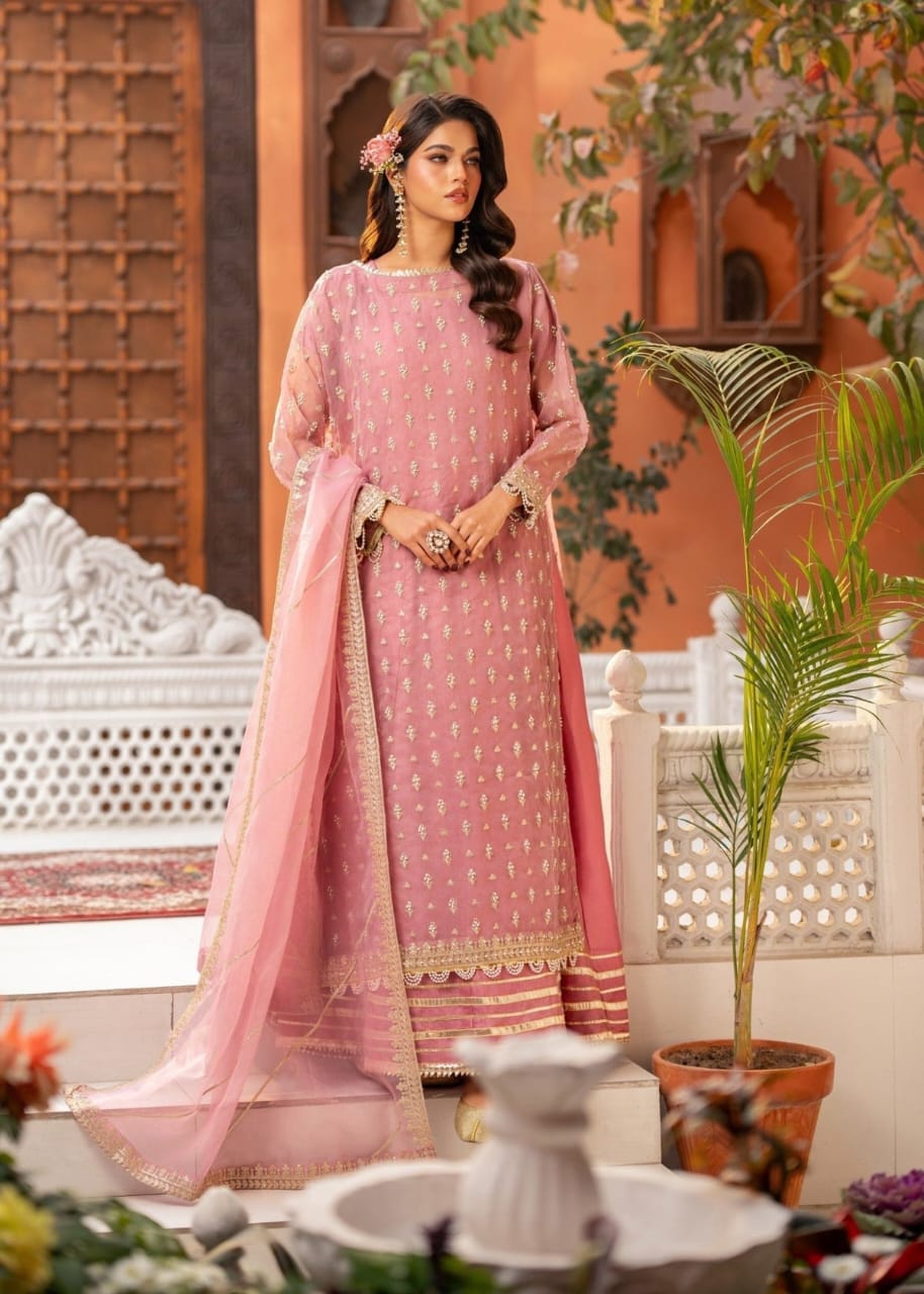 Pink Organza Sharara Set with Intricate Adda Work – 3 Piece Festive Wear