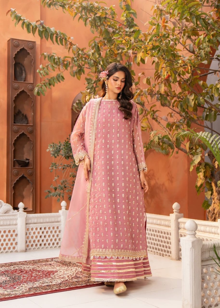 Pink Organza Sharara Set with Intricate Adda Work – 3 Piece Festive Wear