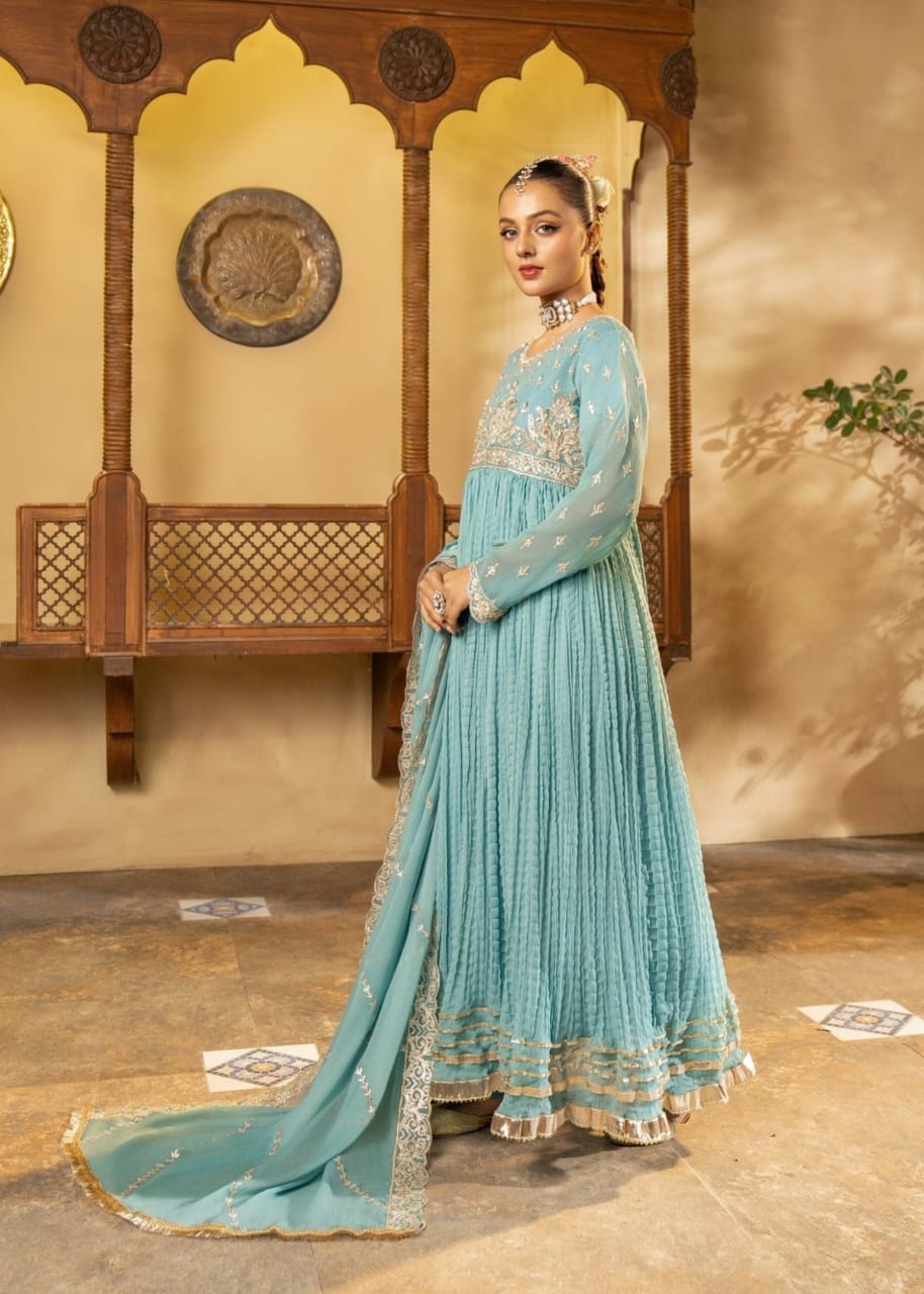 Ice Blue Chiffon frock with Adda Work – 3 Piece Festive Ensemble