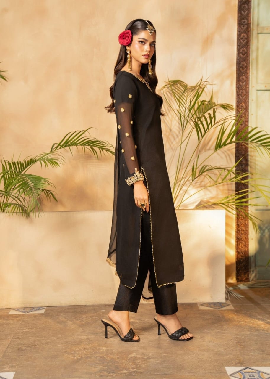 Black Chiffon Kurta Set – 3 Piece Festive Ensemble with Adda Work