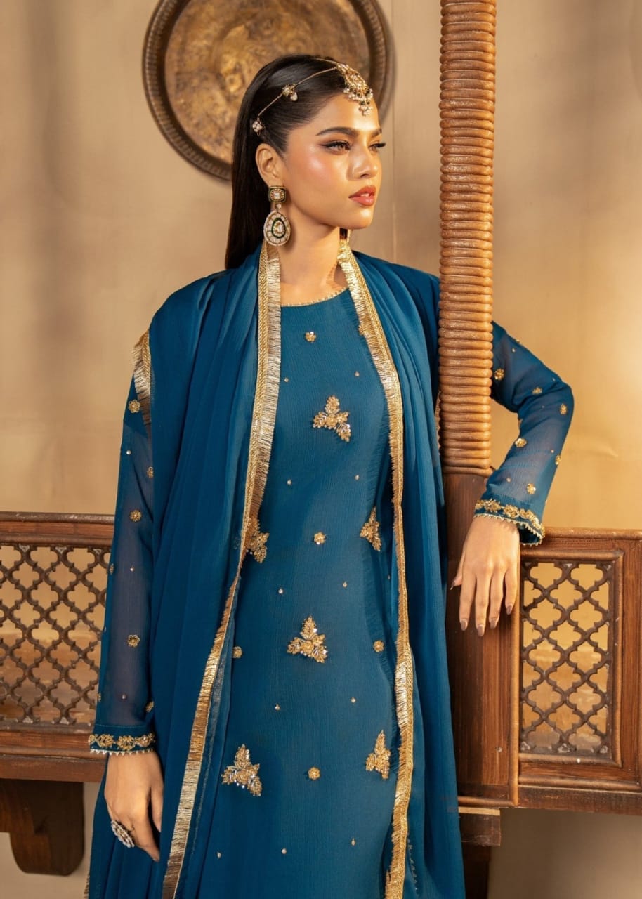 Premium Handcrafted Chiffon Suit with Plazo – Sheer Elegance