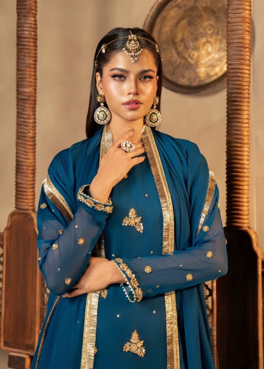 Premium Handcrafted Chiffon Suit with Plazo – Sheer Elegance