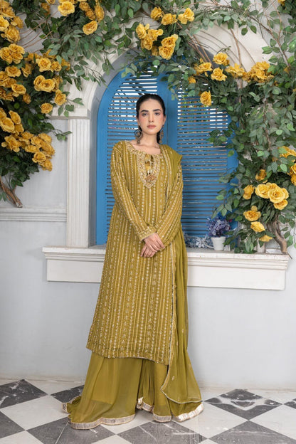Mehndi Green Embellished Chiffon Sharara Suit | 3 Piece Set