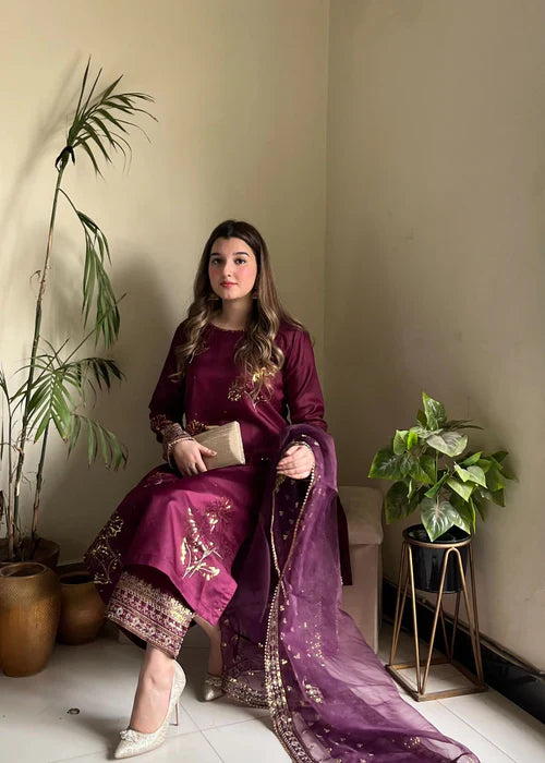 Royal Purple Elegance - 3PC Embroidered Silk Kurta Set