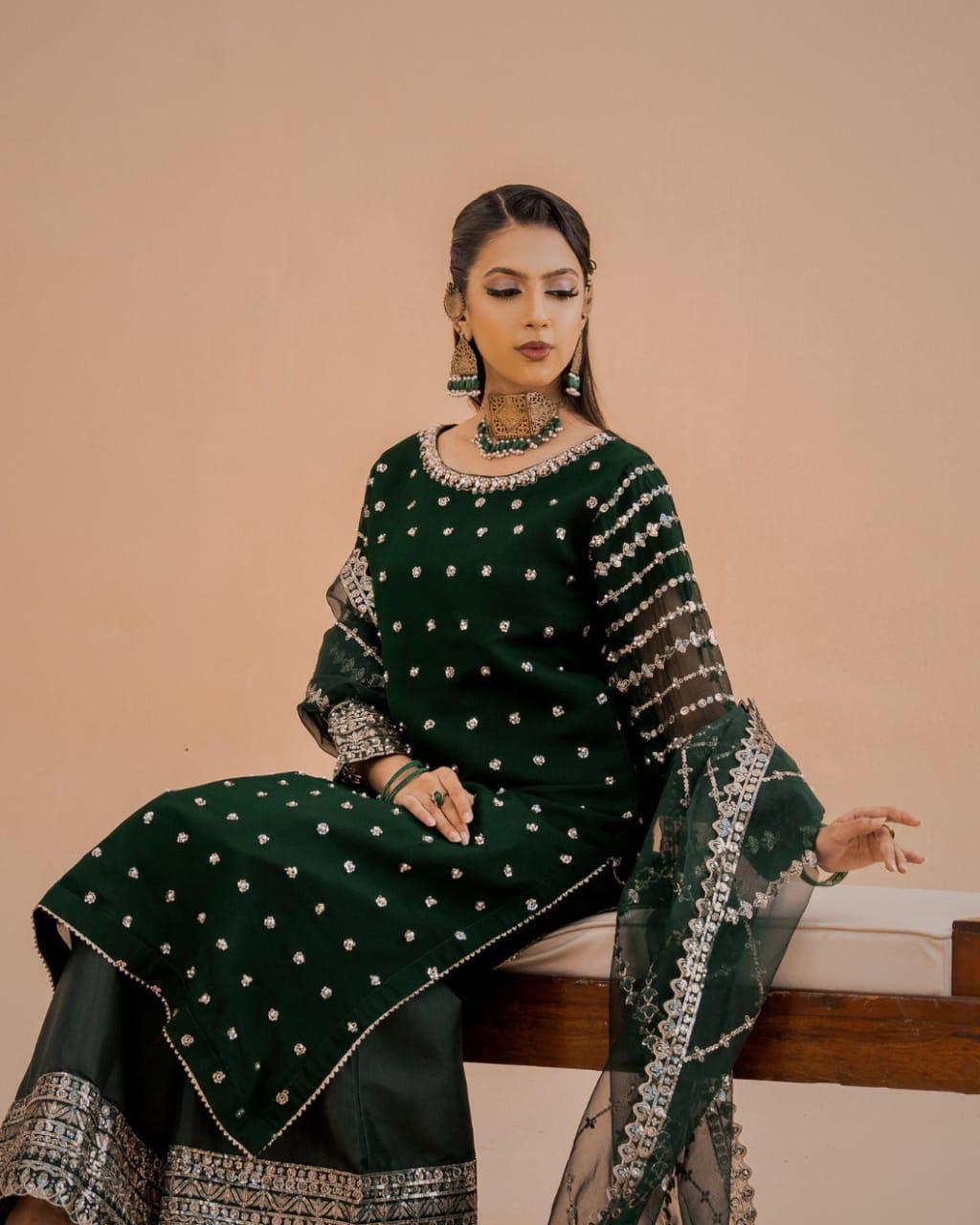 Silk Long Premium 3 Piece Embroidered Sheesha Silk Suit for Women