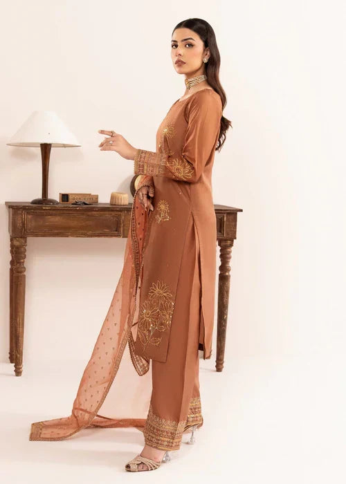 Rust Radiance - 3PC Embroidered Silk Kurta Set