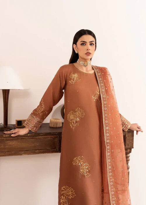 Rust Radiance - 3PC Embroidered Silk Kurta Set