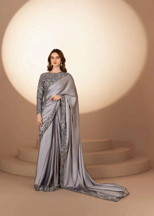 Elegant Grey Sequin Saree – 3-Piece Festive & Party Wear
