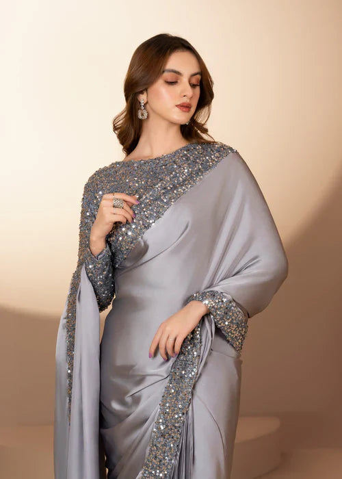 Elegant Grey Sequin Saree – 3-Piece Festive & Party Wear