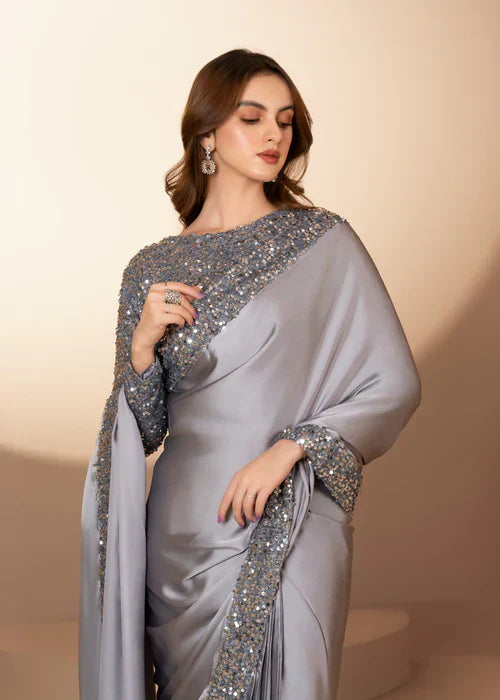 Elegant Grey Sequin Saree – 3-Piece Festive & Party Wear