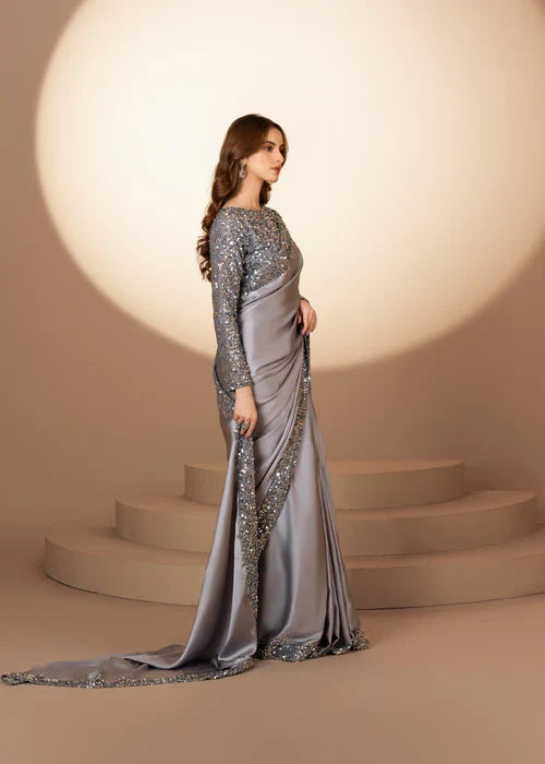 Elegant Grey Sequin Saree – 3-Piece Festive & Party Wear