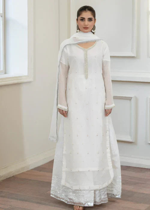 White Pearl 3PC Chiffon Kurta Set β Elegant Festive Ensemble