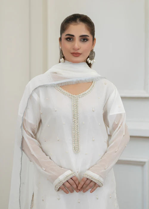 White Pearl 3PC Chiffon Kurta Set – Elegant Festive Ensemble