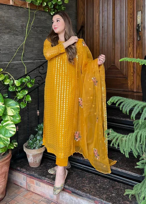 Mustard Elegance - 3PC Embroidered Chiffon Kurta Set