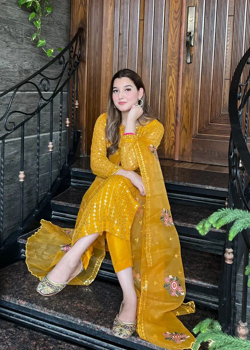 Mustard Elegance - 3PC Embroidered Chiffon Kurta Set