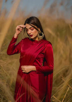 Elegant Cherry Red Silk Saree with Boat Neck Blouse – Festive Wear