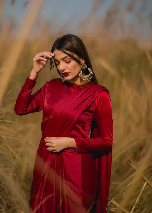 Elegant Cherry Red Silk Saree with Boat Neck Blouse – Festive Wear