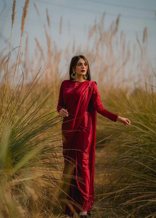 Elegant Cherry Red Silk Saree with Boat Neck Blouse – Festive Wear