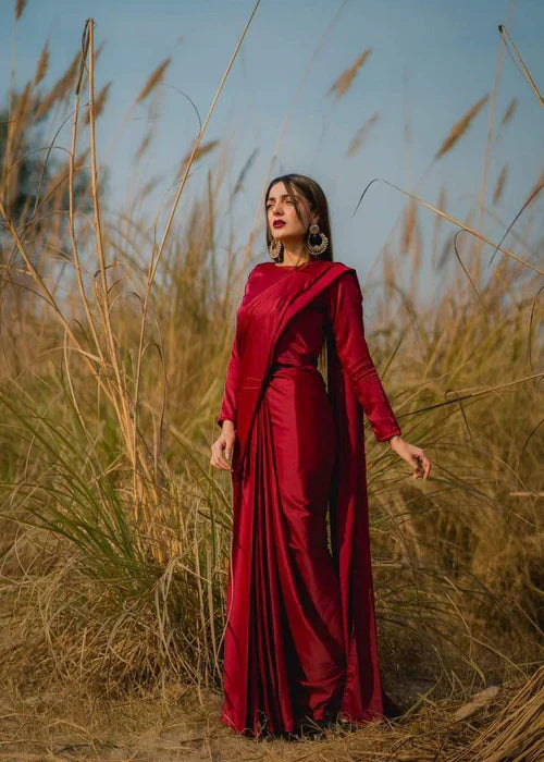 Elegant Cherry Red Silk Saree with Boat Neck Blouse – Festive Wear