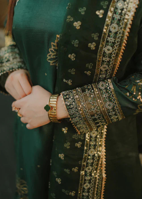 Bottle Green Elegance - 3PC Embroidered Silk Kurta Set