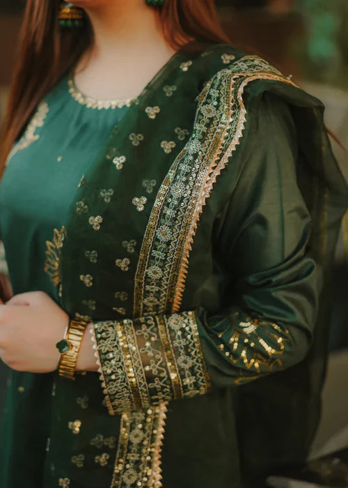 Bottle Green Elegance - 3PC Embroidered Silk Kurta Set