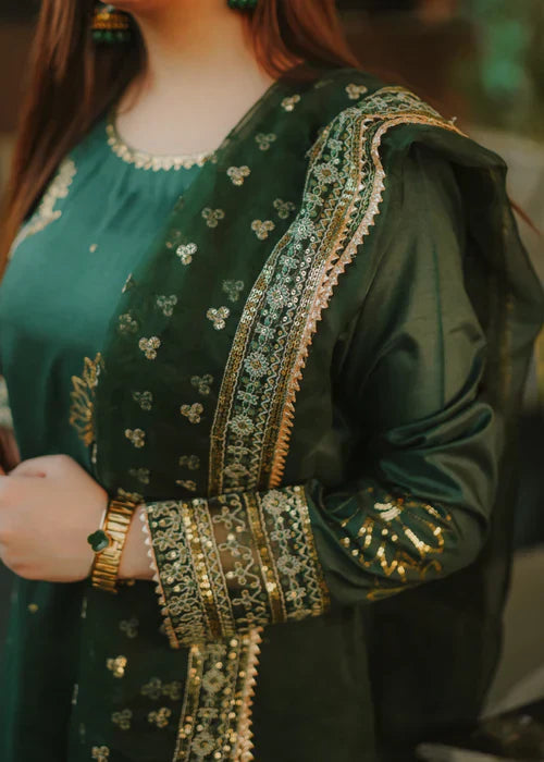 Bottle Green Elegance - 3PC Embroidered Silk Kurta Set