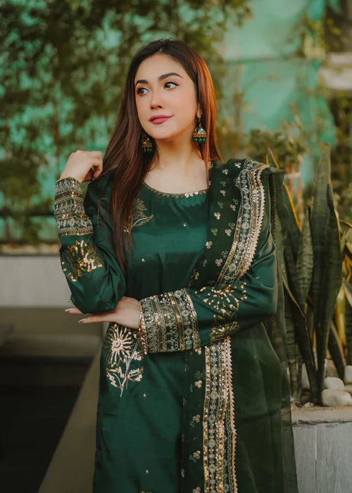 Bottle Green Elegance - 3PC Embroidered Silk Kurta Set