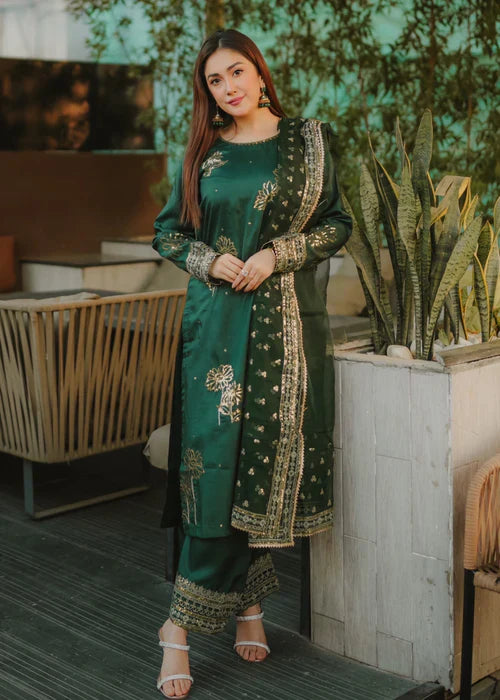 Bottle Green Elegance - 3PC Embroidered Silk Kurta Set