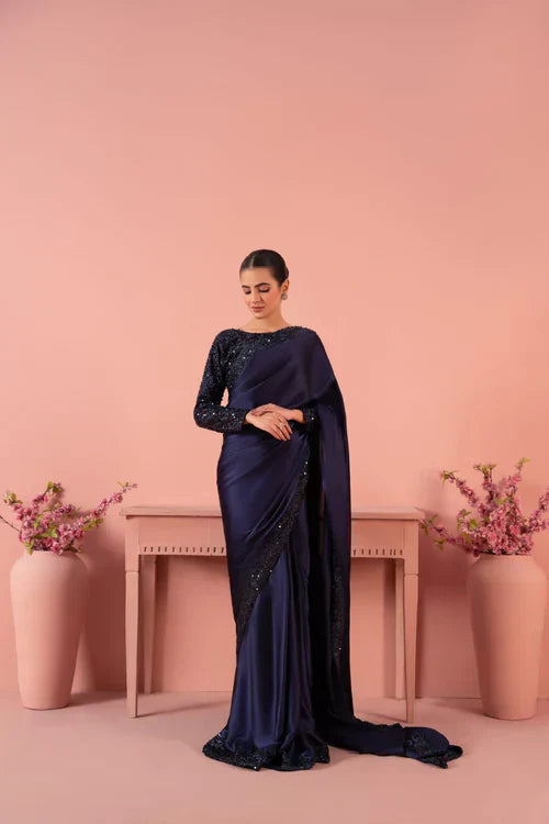 Elegant Blue Silk Saree – 3-Piece Embellished Ensemble