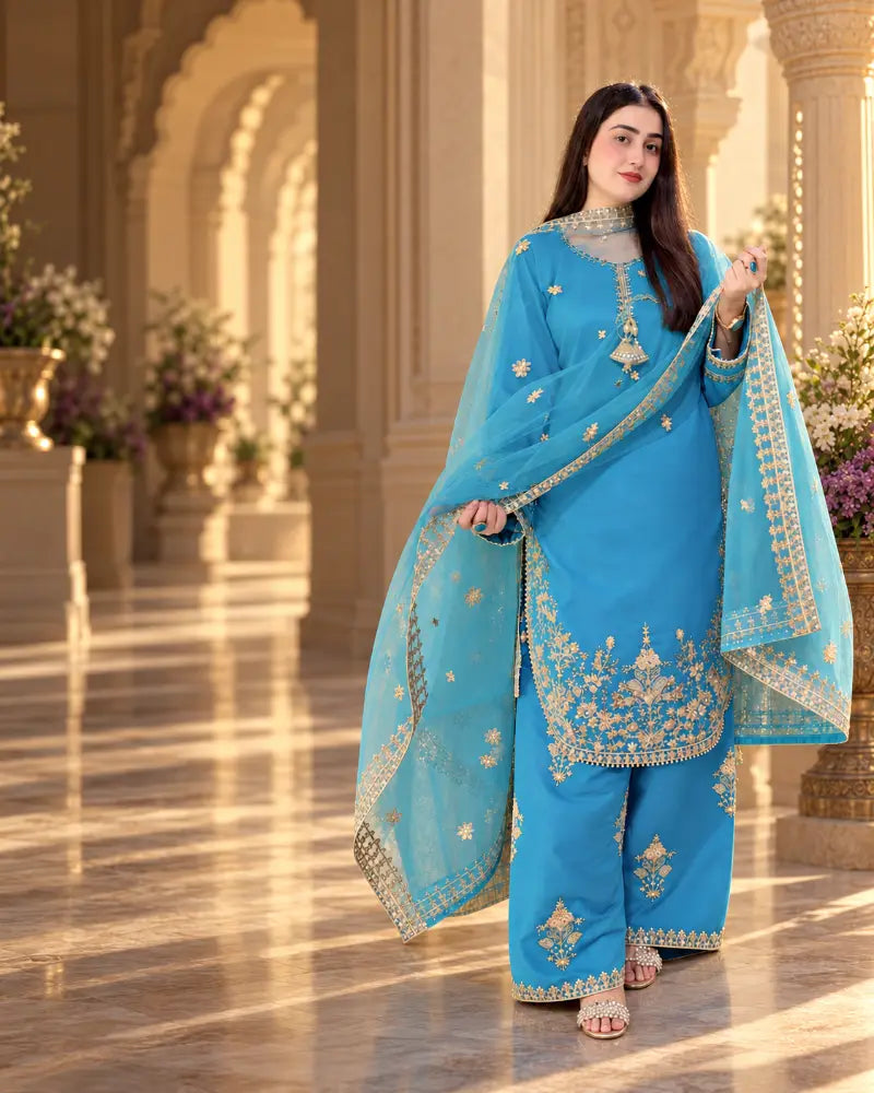 SHE International model wearing a sky-blue embroidered Farshi Shalwar three-piece suit in a luxury fashion editorial setting.