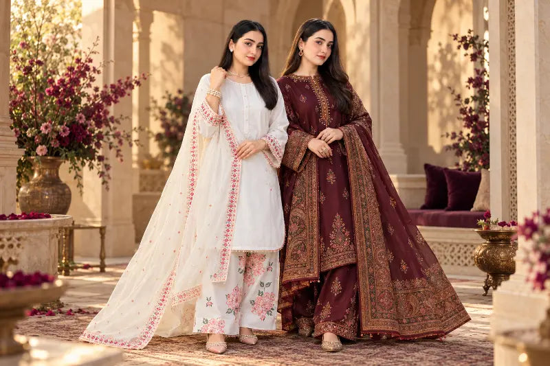 Two models wearing SHE International's white Kashmiri Farshi Shalwar and burgundy Khaddar three-piece suits in a luxury fashion setting.