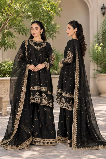 Black & Gold Premium Silk Embroidered Frock Style 3-Piece Suit