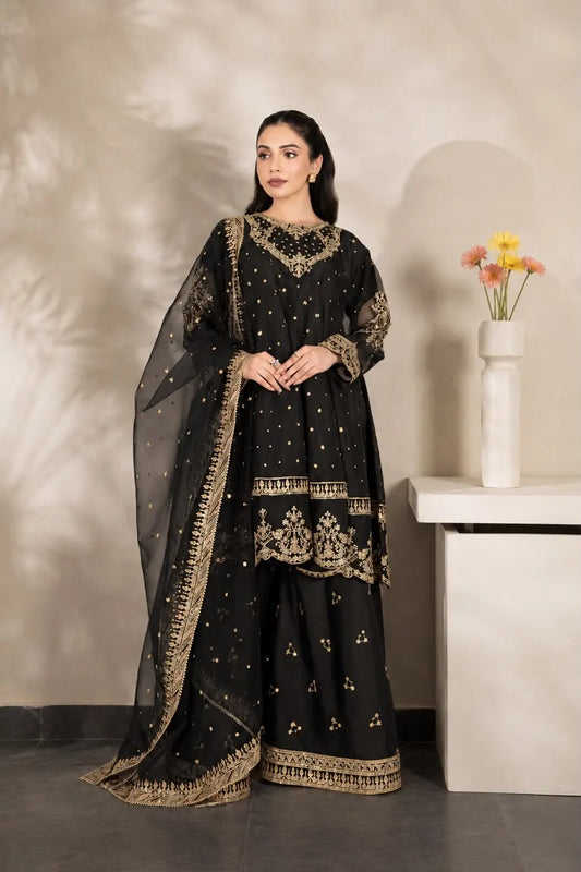 Black & Gold Premium Silk Embroidered Frock Style 3-Piece Suit