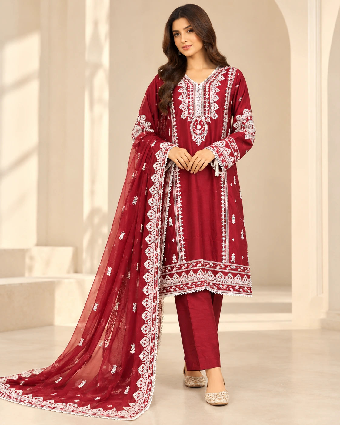 Premium Maroon Embroidered Viscose 3-Piece Suit with Chiffon Dupatta