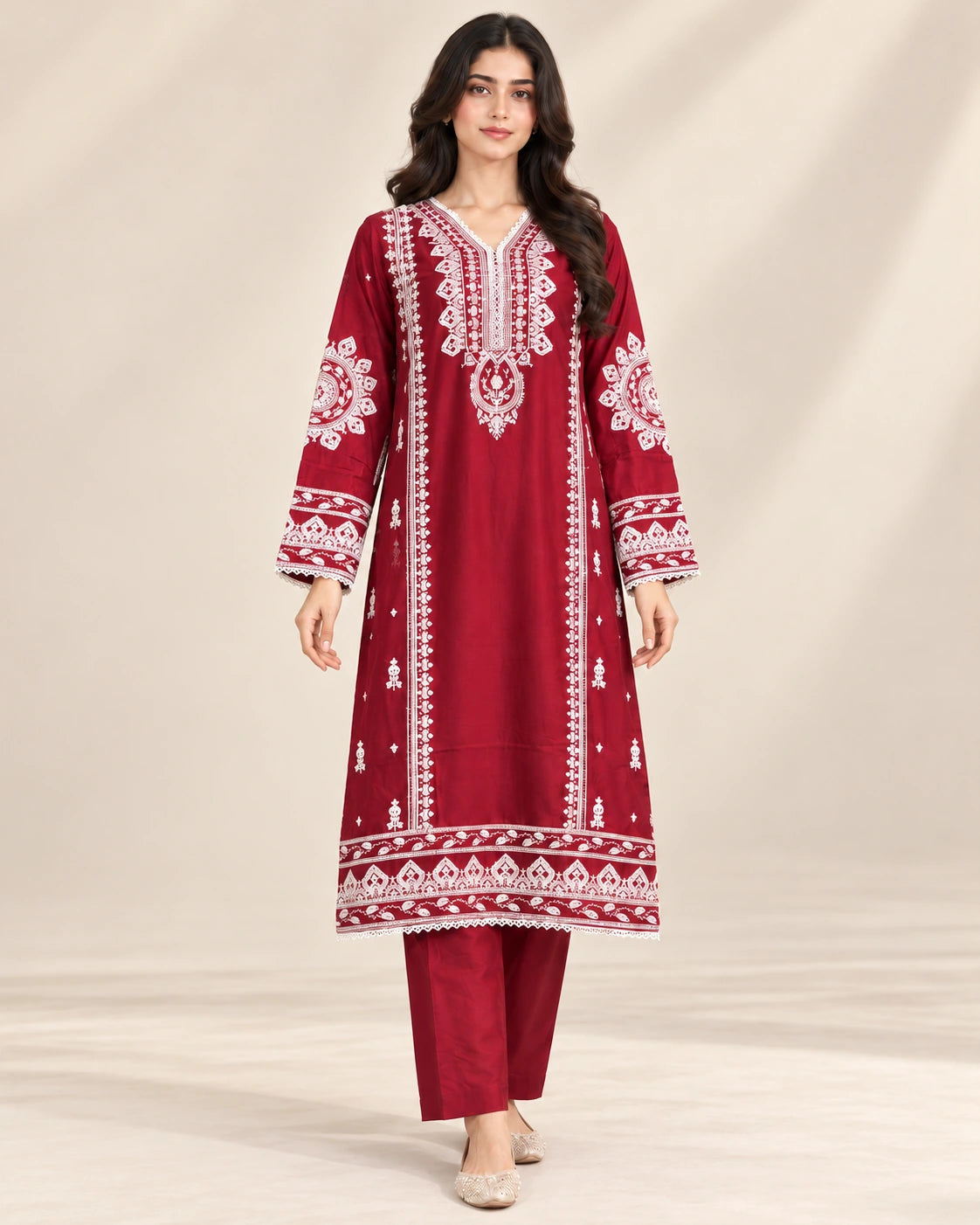 Premium Maroon Embroidered Viscose 3-Piece Suit with Chiffon Dupatta
