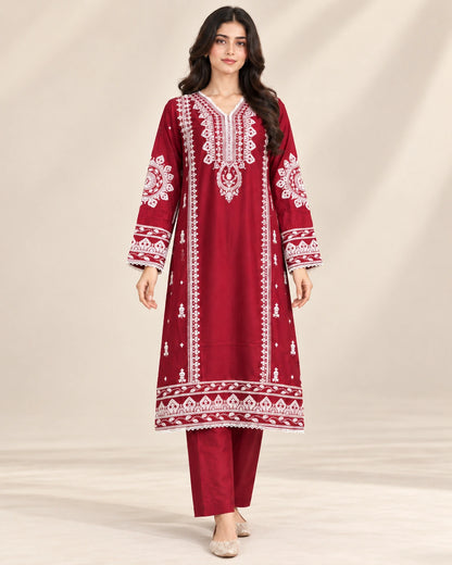 Premium Maroon Embroidered Viscose 3-Piece Suit with Chiffon Dupatta