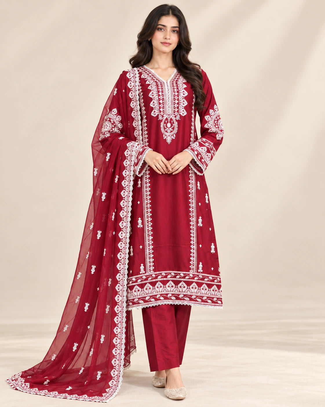 Premium Maroon Embroidered Viscose 3-Piece Suit with Chiffon Dupatta
