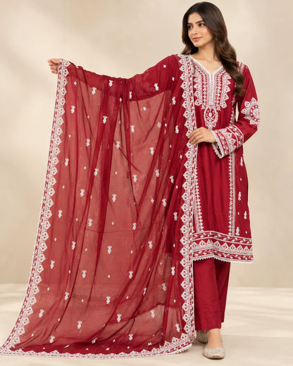 Premium Maroon Embroidered Viscose 3-Piece Suit with Chiffon Dupatta