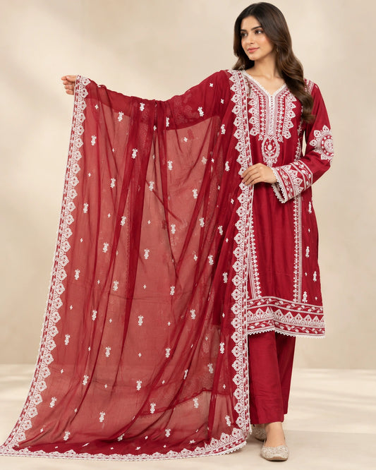 Premium Maroon Embroidered Viscose 3-Piece Suit with Chiffon Dupatta