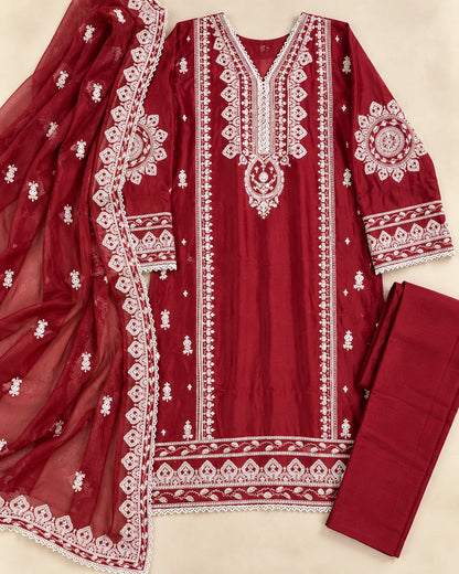 Premium Maroon Embroidered Viscose 3-Piece Suit with Chiffon Dupatta